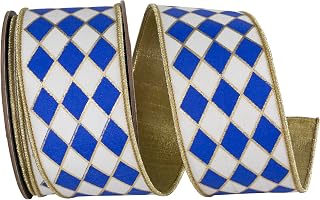 Reliant Ribbon Harlequin Solid Diamond Outline Gilded Deluxe Wired Edge, White/Royal, 2-1/2 Inch, 10 Yards