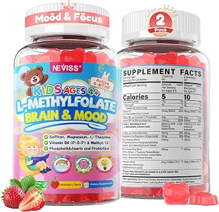Kids L-Methylfolate Gummies, Focus Gummies For Kids + Magnesium, Saffron | Active 5-MTHF Kids Methylated Multivitamin + Lion's Mane, Choline, Methyl B12 & B6 for Brain, Mood, Bēhavior, No Sugar, 2Pack