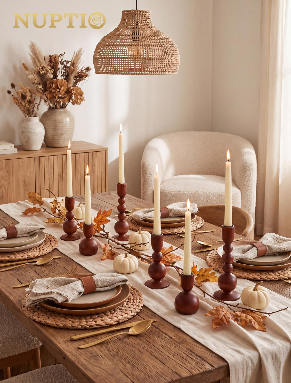 Nuptio Wooden Candlestick Holders, Set of 6, Assorted Heights in Walnut