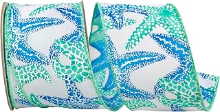 Reliant Ribbon Starfish Seashore Wired Edge, Aqua, 2-1/2 Inch, 10 Yards
