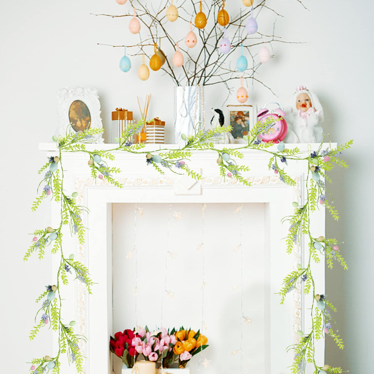 6 FT Easter Decorations for Home Lighted Easter Garland Artificial Egg Garlands with 20 LED Lights & Timer Spring Decor for Mantle Fireplace Table Door by DR.DUDU – Model gl-01