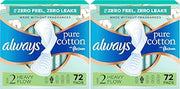 Always Pure Cotton Feminine Pads for Women, FlexFoam Pads with Wings, Size 2, Heavy Absorbency, Unscented, 72 Count (Pack of 2)
