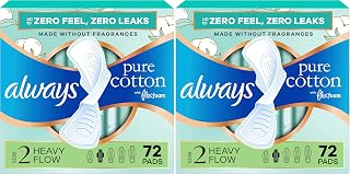 Always Pure Cotton Feminine Pads for Women, FlexFoam Pads with Wings, Size 2, Heavy Absorbency, Unscented, 72 Count (Pack of 2)