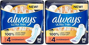Always Ultra Thin Overnight Pads with Wings, Size 4, Overnight, 96 Count (6 Packs of 32)