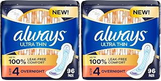 Always Ultra Thin Overnight Pads with Wings, Size 4, Overnight, 96 Count (6 Packs of 32)