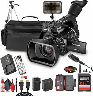 Panasonic AG-AC160 AVCCAM HD Camcorder – 22x Zoom Lens, 3MOS Sensor, Dual SD Card Slots, 1080p/60p Recording + 2X 128GB Memory Card + External Microphone + LED Light + 72" Tripod + More (Bundle)