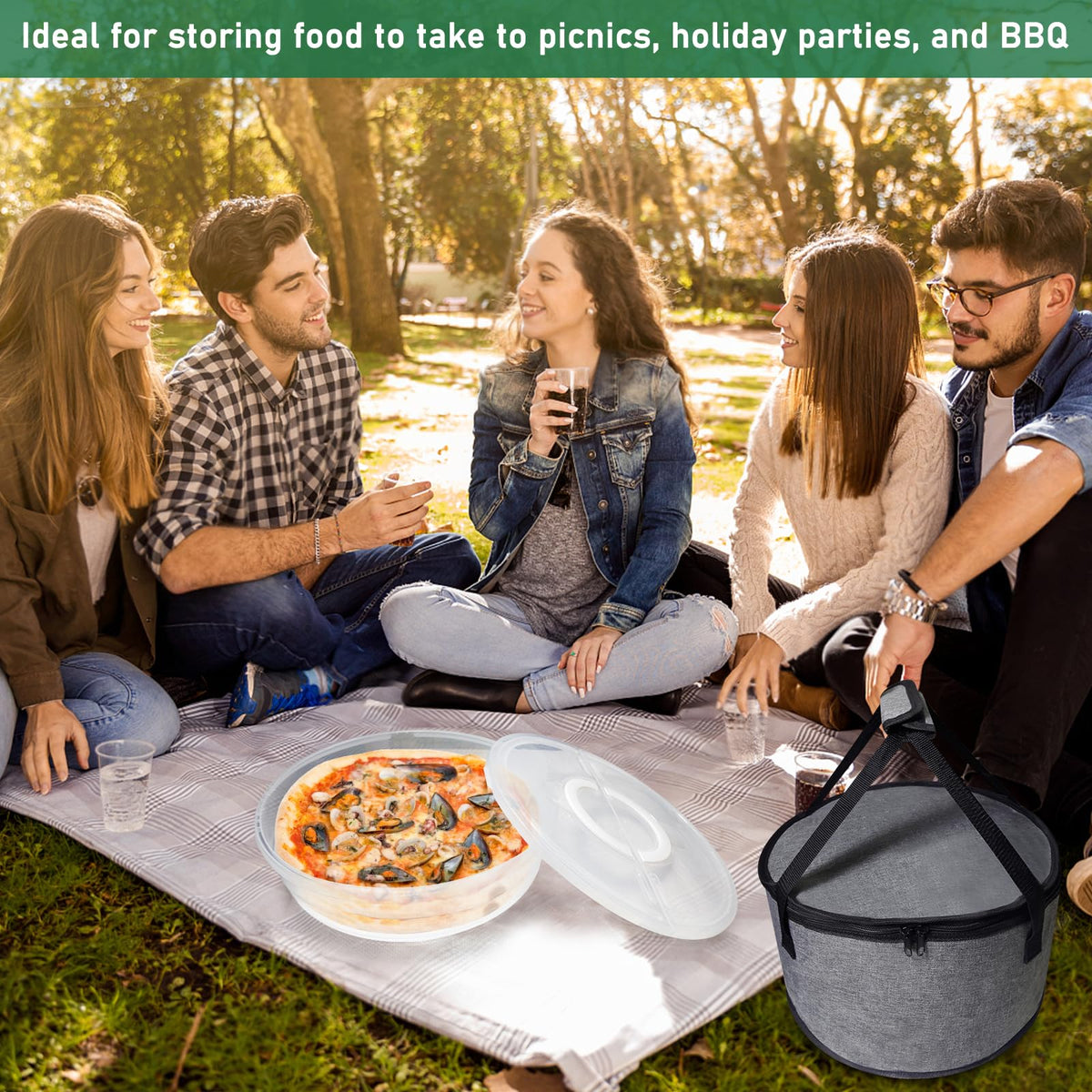 Aufind Pie Carrier Set, 12 Inch Round with Insulated Bag, Grey