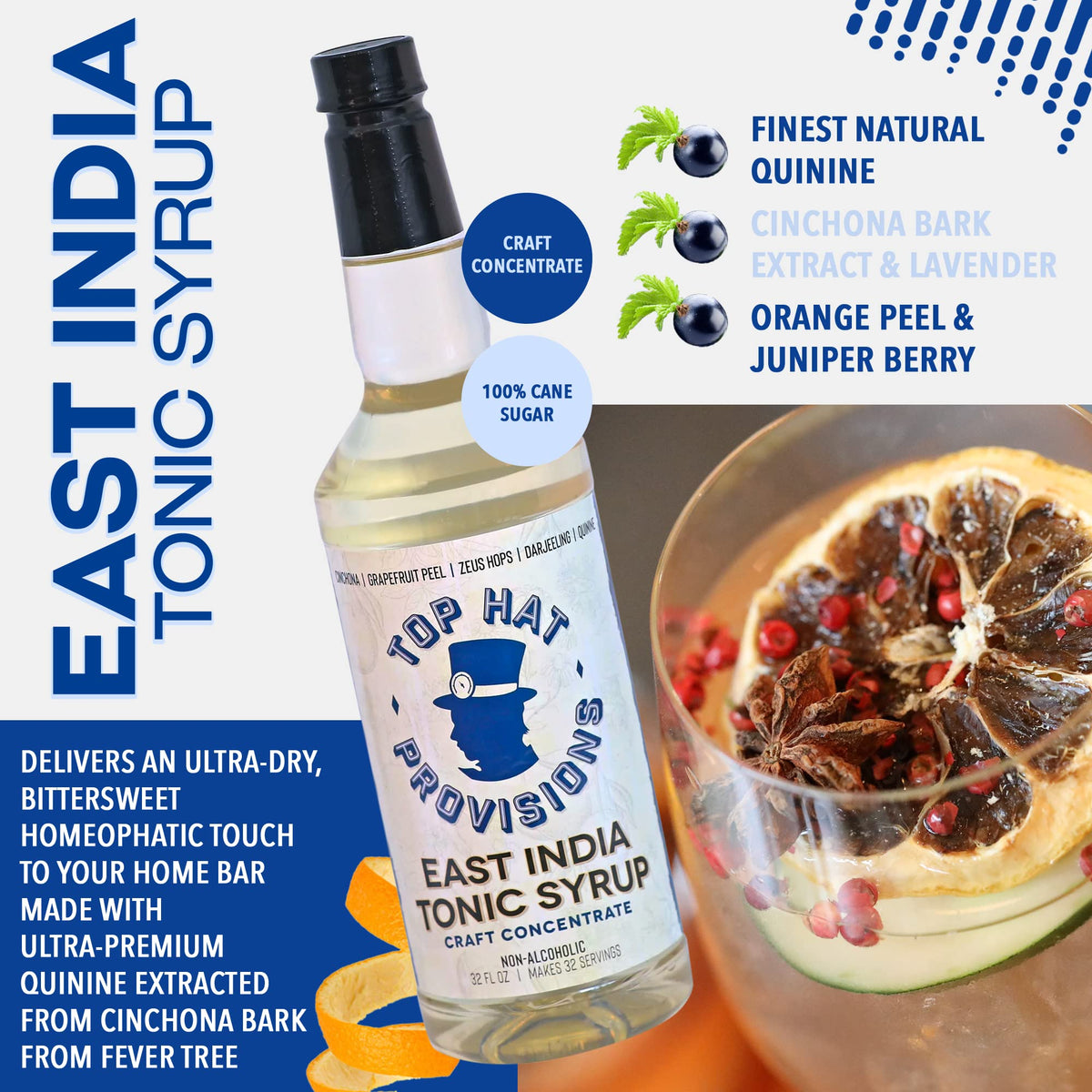Top Hat East India Craft Concentrated Quinine Tonic Drink Syrup - 5x Natural Quinine Wellness Tonic Water Concentrate - Just Add Club Soda - 32oz bottle by Top Hat Provisions – 32
