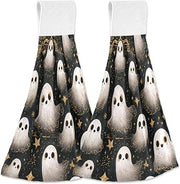 Golden Stars Hallween Ghost Hanging Kitchen Towels 2 Pieces Dish Tie Towels Hand Towel Bathroom Towels for Farmhouse