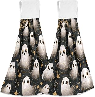 Golden Stars Hallween Ghost Hanging Kitchen Towels 2 Pieces Dish Tie Towels Hand Towel Bathroom Towels for Farmhouse