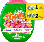 Super Sized Flings Laundry Detergent Pacs with Hibiscus Hula Scent, Powerful Cleaning for Lasting Freshness, HE Compatible, 45 Count, Gain Laundry Detergent Pods, Pack of 4