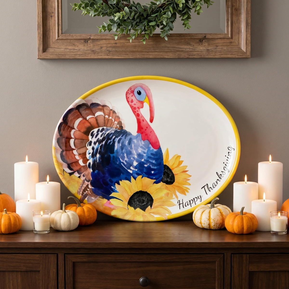 Fancy Land Serving Platter, 12.3 x 16.2 Inches, Multicolor Thanksgiving