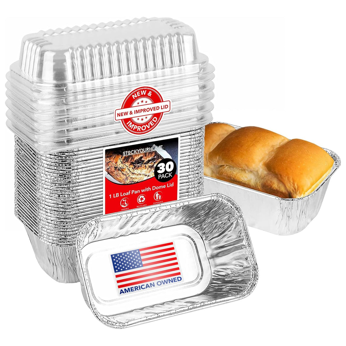 Stock Your Home Pans + Lids / 30 Pack / Silver Loaf Pans