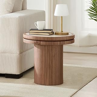 19" Modern Stylish Coffee Table, Round Coffee Table with Sintered Stone Tabletop, Mesa De Centro para Sala with No Assembly Needed for Compact Indoor Spaces, Walnut