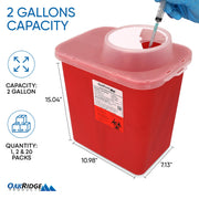 Large Sharps Container for Home Use and Professional 2 Gallon (1-Pack) with Chimney Top by OAKRIDGE PRODUCTS – 1 Count (Pack of 1), 2 gallons, red, Model 823503