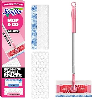 Swiffer Pink Limited Edition Mop & Go Deluxe, 2-in-1 Floor Mopping and Sweeping Kit, Multi-Surface KIt, Includes 1 Sweeper Device, 6 Heavy Duty Mop & Go Cloths, 2 Hair Magnet Cloths