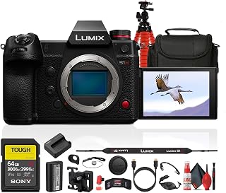 Panasonic LUMIX S1H Full Frame Digital Mirrorless Video Camera Bundle | For Photography & Video | Card Wallet + 64GB Memory Card + Camera Bag + Tripod + HDMI Cable + Cleaning Kit + Hand Strap