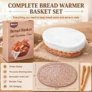 Romooa Bread Warmer Basket with Terracotta Stone, Wicker Serving Set, Wood Color and Red