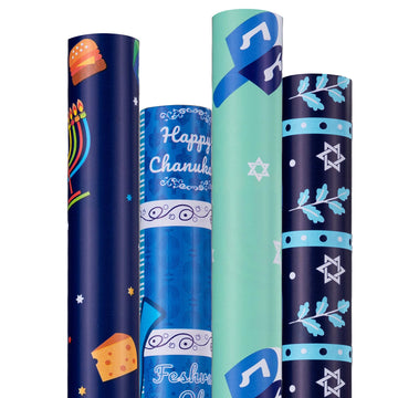 Cherubfunz Hanukkah Gift Wrap, 4 Rolls, 93 Square Feet Total, Multicolor