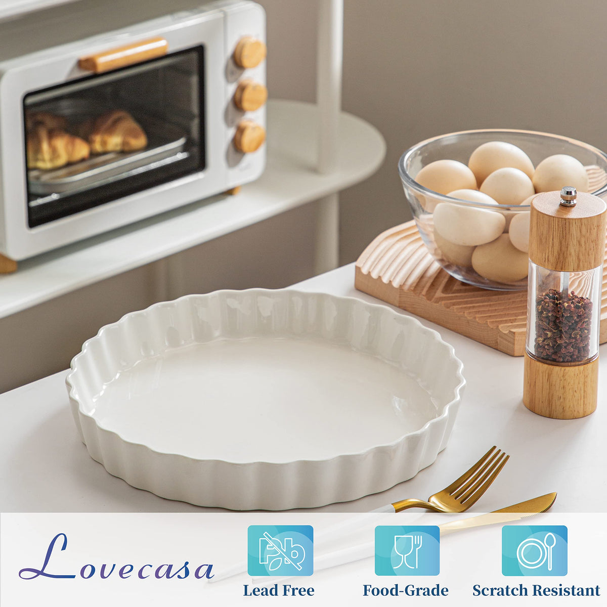 Lovecasa Porcelain Quiche Dish, Round 10 Inch Ceramic Pan, White