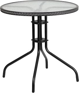 Flash Furniture 28 in Tempered Glass Round Table, Gray | Tempered Glass, Gray Rattan Edging