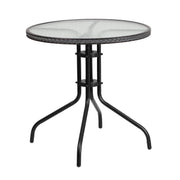 28 in Tempered Glass Round Table by Flash Furniture – 28" Round, Rattan, Plastic, Metal, Glass, Aluminum, Steel, Clear/Gray Rattan, Model TLH-087-GY-GG
