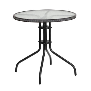 28 in Tempered Glass Round Table by Flash Furniture – 28" Round, Rattan, Plastic, Metal, Glass, Aluminum, Steel, Clear/Gray Rattan, Model TLH-087-GY-GG