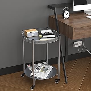 Modern Round Coffee Table with Wheels, 2-Tier Small Cocktail Center Table for Living Room, Mesa de Centro para Sala, Metal Living Room Tables, Silver Gray