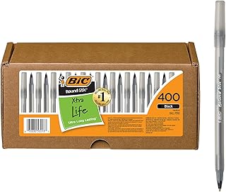BIC Round Stic Xtra Life Black Ballpoint Pens, Medium Point, 400-Count