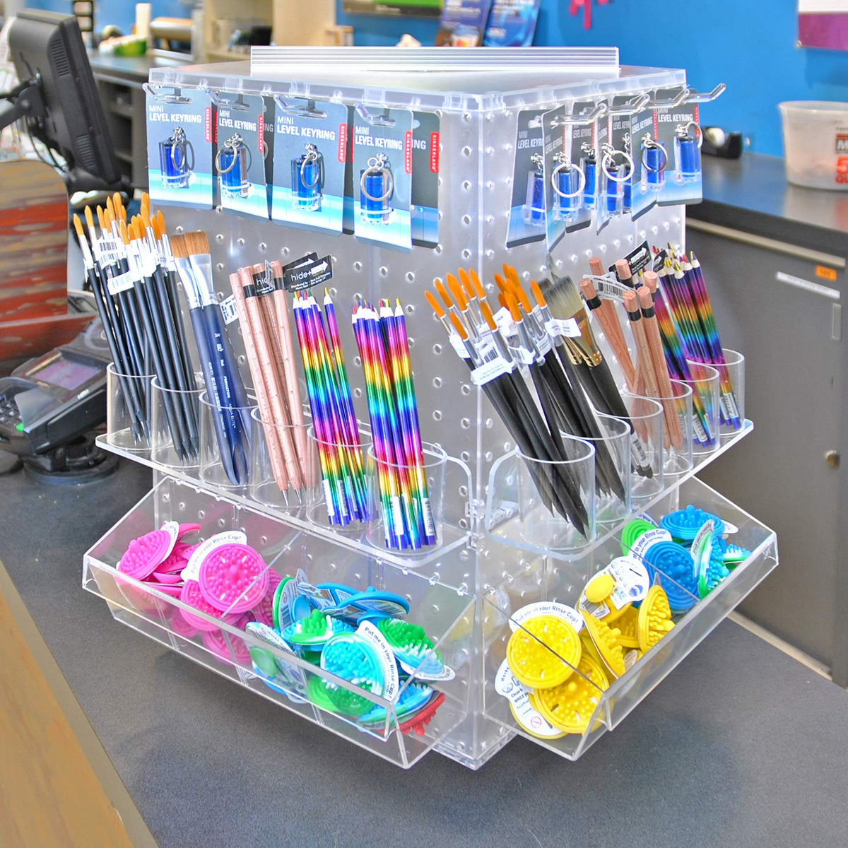 Rotating Display Stand - 4-Sided Display Racks for Craft Shows - Peg Display Carousel (14” W x 14” D x 20” H) - Easy Assemble Revolving Display for Retail - Pegboard Organizer