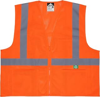 MCR Safety Hi-Visibility Class 2 Orange Safety Vest, Breathable Mesh from Recycled Materials, Reflective Stripes, Zipper Front and 3 Pockets, Large