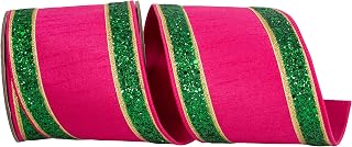 Reliant Ribbon Dupioni Regalia Glitter Deluxe Backed Wired Edge Ribbon, Fuchsia