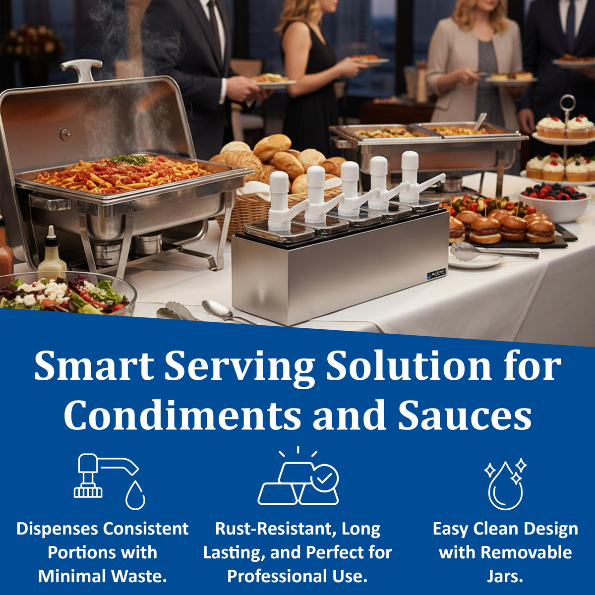 Stainless Steel Condiment Pump Service Center with 5 Wells Black Jars by San Jamar – Stainless Steel, Stainless, Model P9715