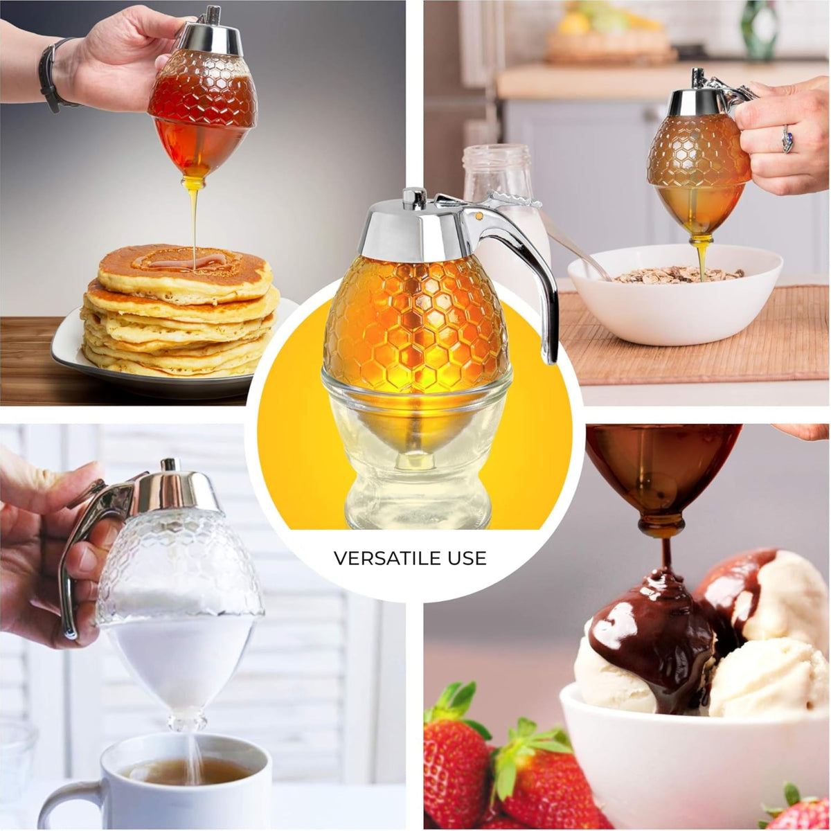 Hunnibi Honey Dispenser, 8 Oz Glass With Plastic Top, Honeycomb Design