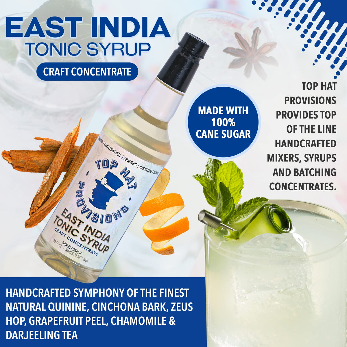 Top Hat East India Tonic Syrup - 5x Natural Quinine Tonic Water Drink Concentrate - Just Add Club Soda - 2 Pack of 32oz Bottles by Top Hat Provisions – 32 Fl Oz (Pack of 2)