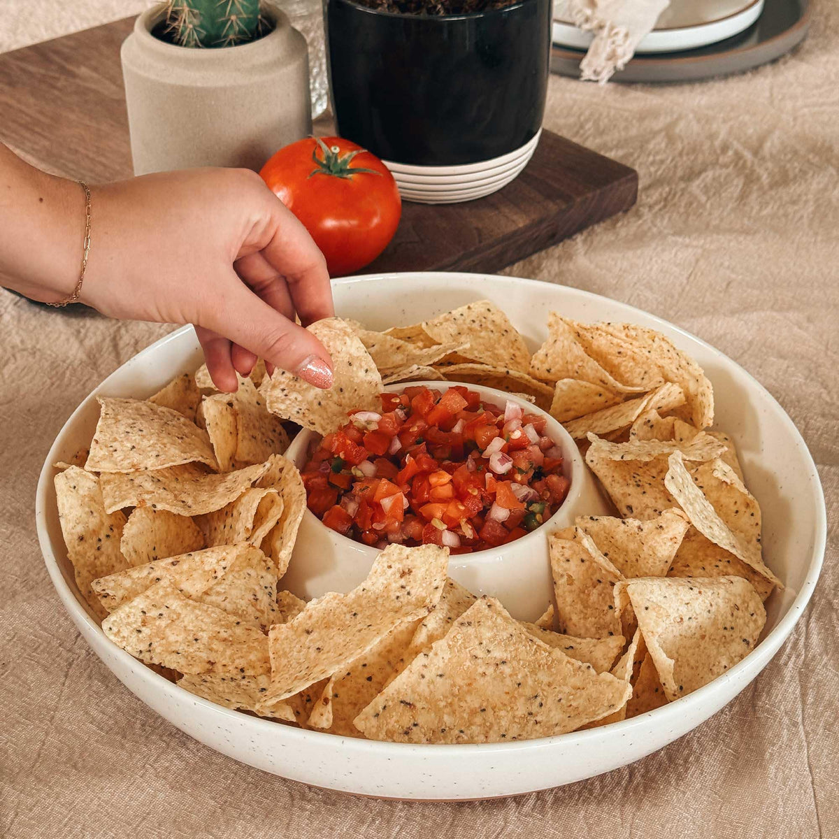 Mora Ceramic Chip and Dip Tray, Large Divided Serving Bowl, Vanilla White