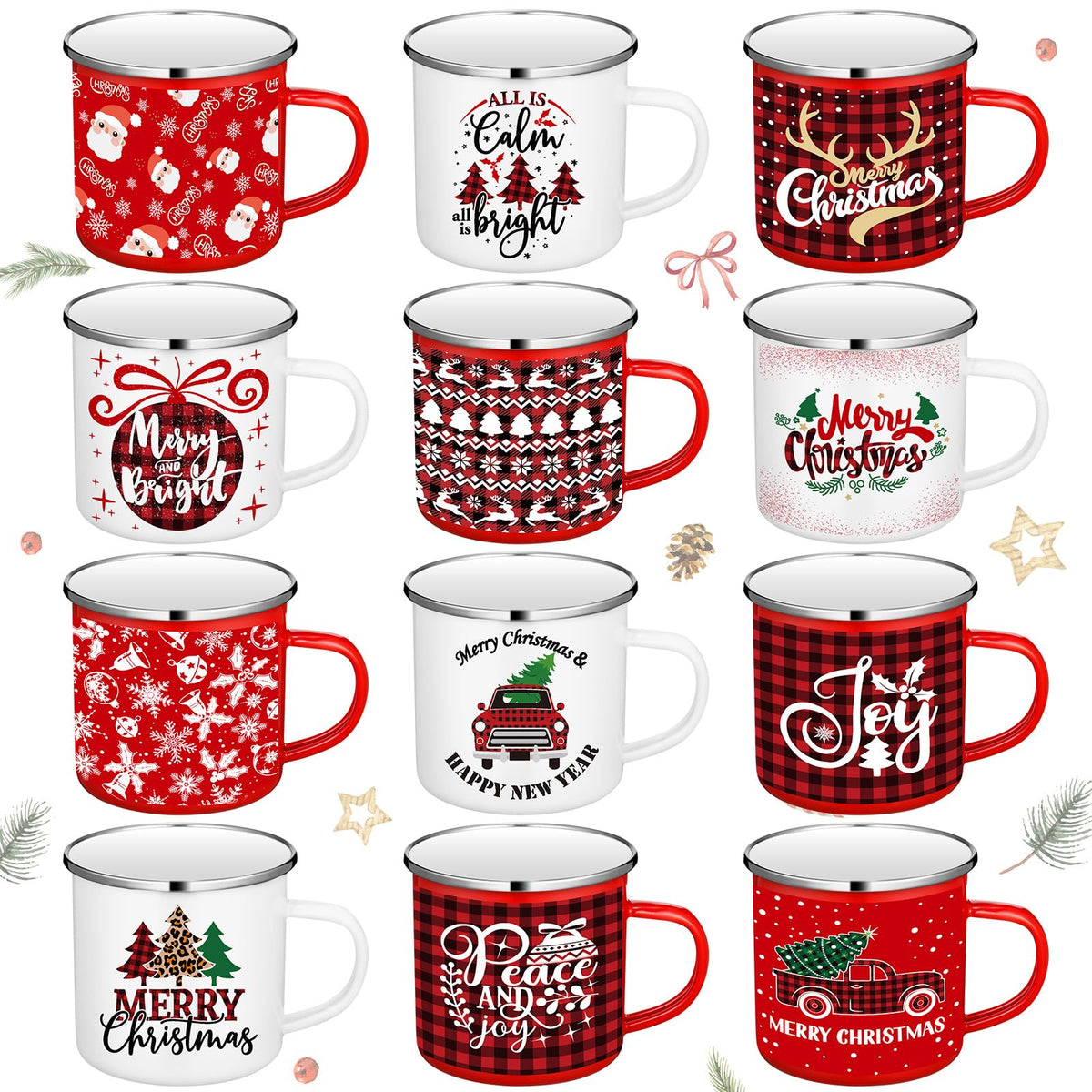 Suttmin Enamel Holiday Mugs, 12 oz, Set of 12, Red and White