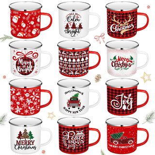 Suttmin Enamel Holiday Mugs, 12 oz, Set of 12, Red and White