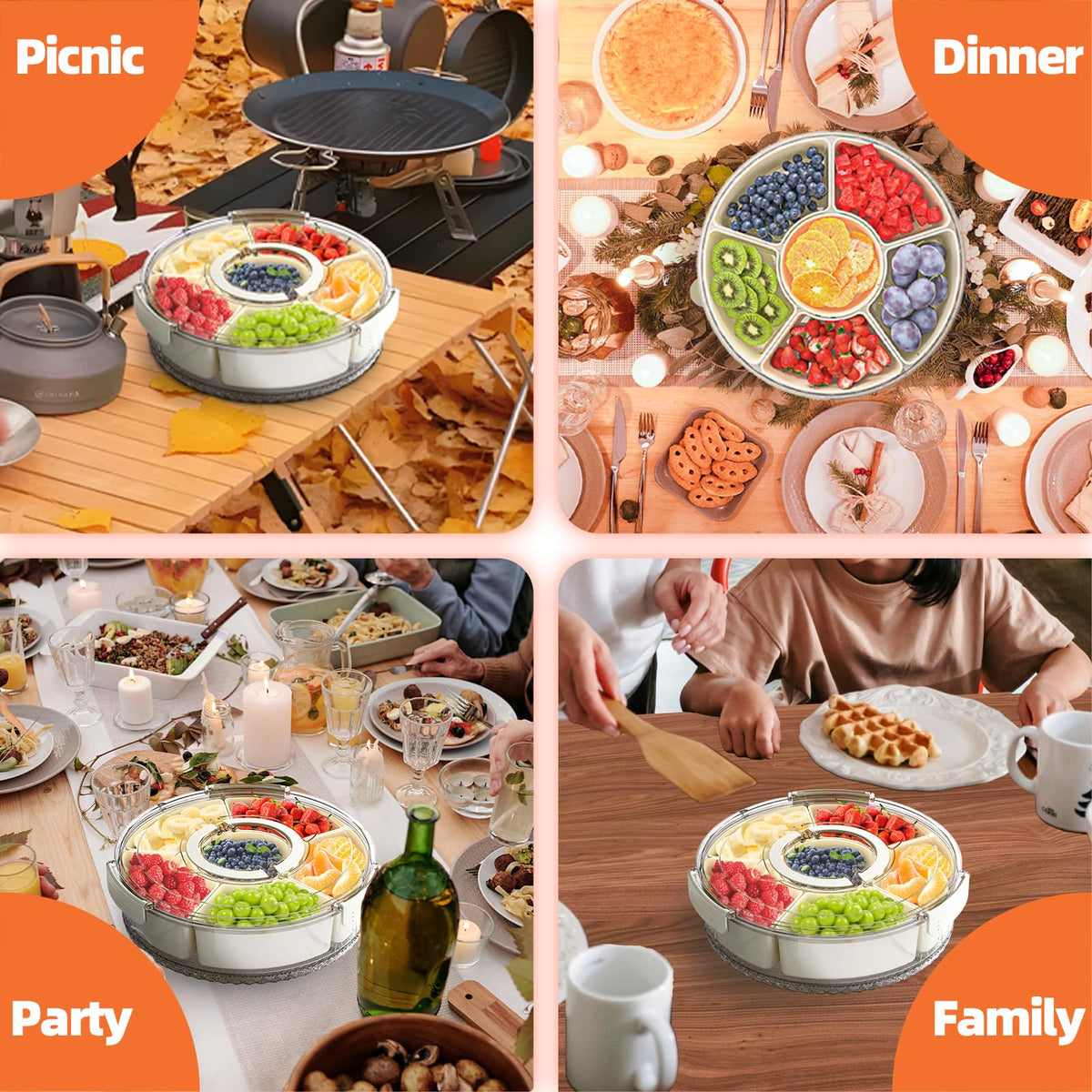 Riyeloi Spinning Serving Tray with Lid, 12 Inch Plastic, White