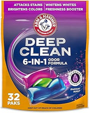Arm & Hammer Deep Clean Odor Formula Laundry Detergent Power Paks | Radiant Burst Scent, 32 Count, 32 Loads