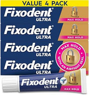 Fixodent Ultra Max Hold Denture Adhesive Cream, 2.2 oz (4-Pack) – Strong False Teeth Glue and Secure Dental Adhesive for Full or Partial Plates, Prevent Food Slipping