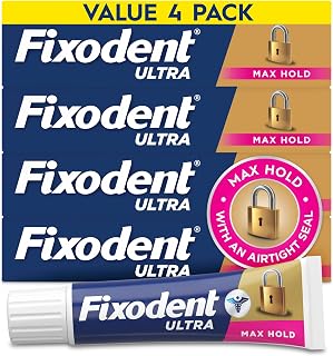 Fixodent Ultra Max Hold Denture Adhesive Cream, 2.2 oz (4-Pack) – Strong False Teeth Glue and Secure Dental Adhesive for Full or Partial Plates, Prevent Food Slipping