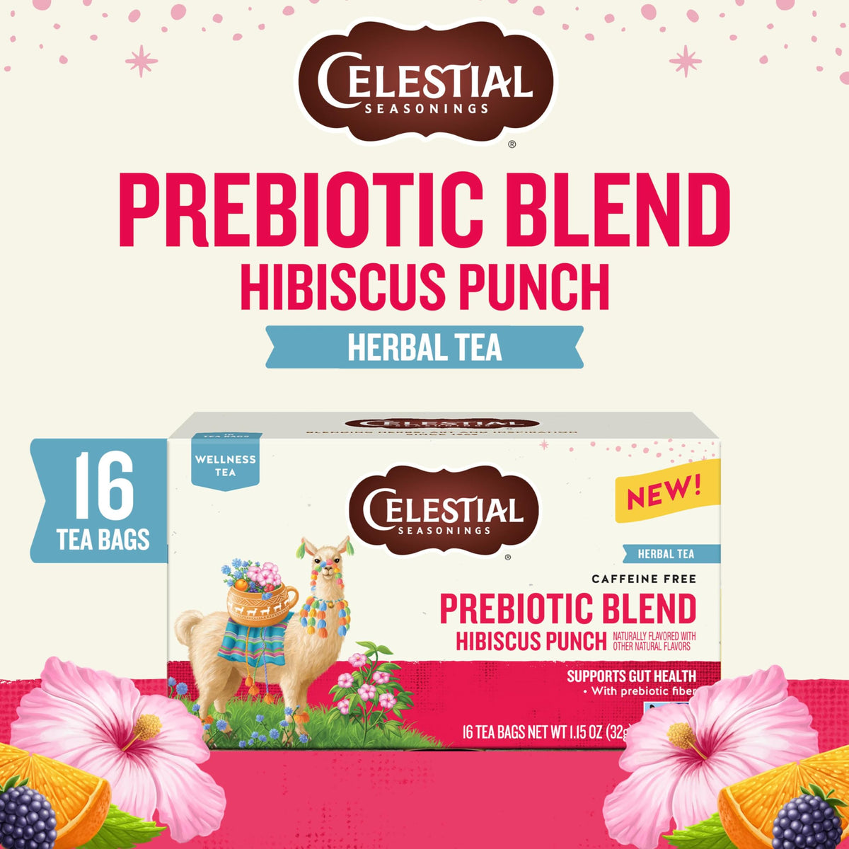 Hibiscus Punch Prebiotic Blend Wellness Tea by Celestial Seasonings – 16 Count (Pack of 2), Pack of 2