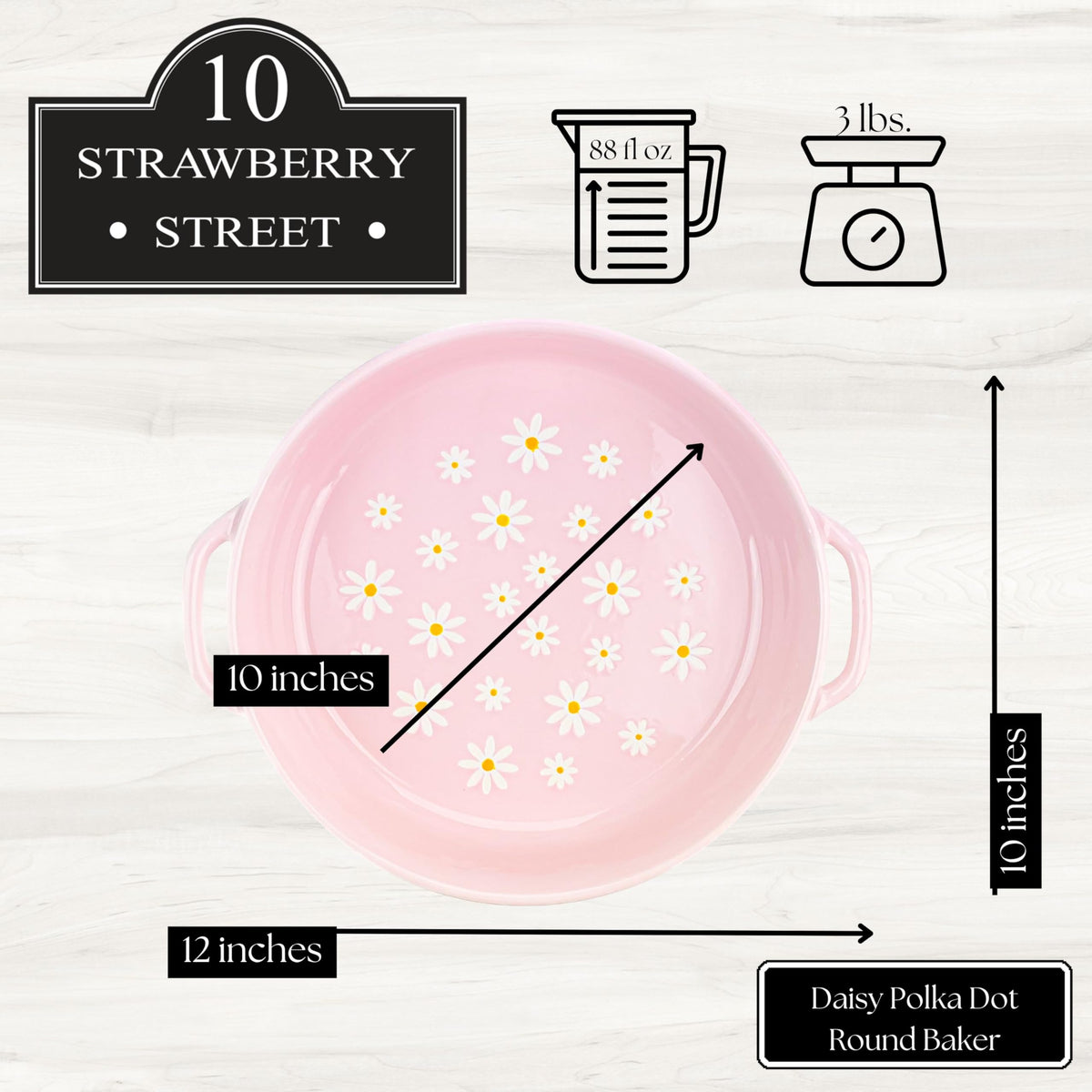 Daisy Polka Dot Round Baker by 10 Strawberry Street – 10" Round, Stoneware, Pink Round, Model DS-RDY-40-63-001