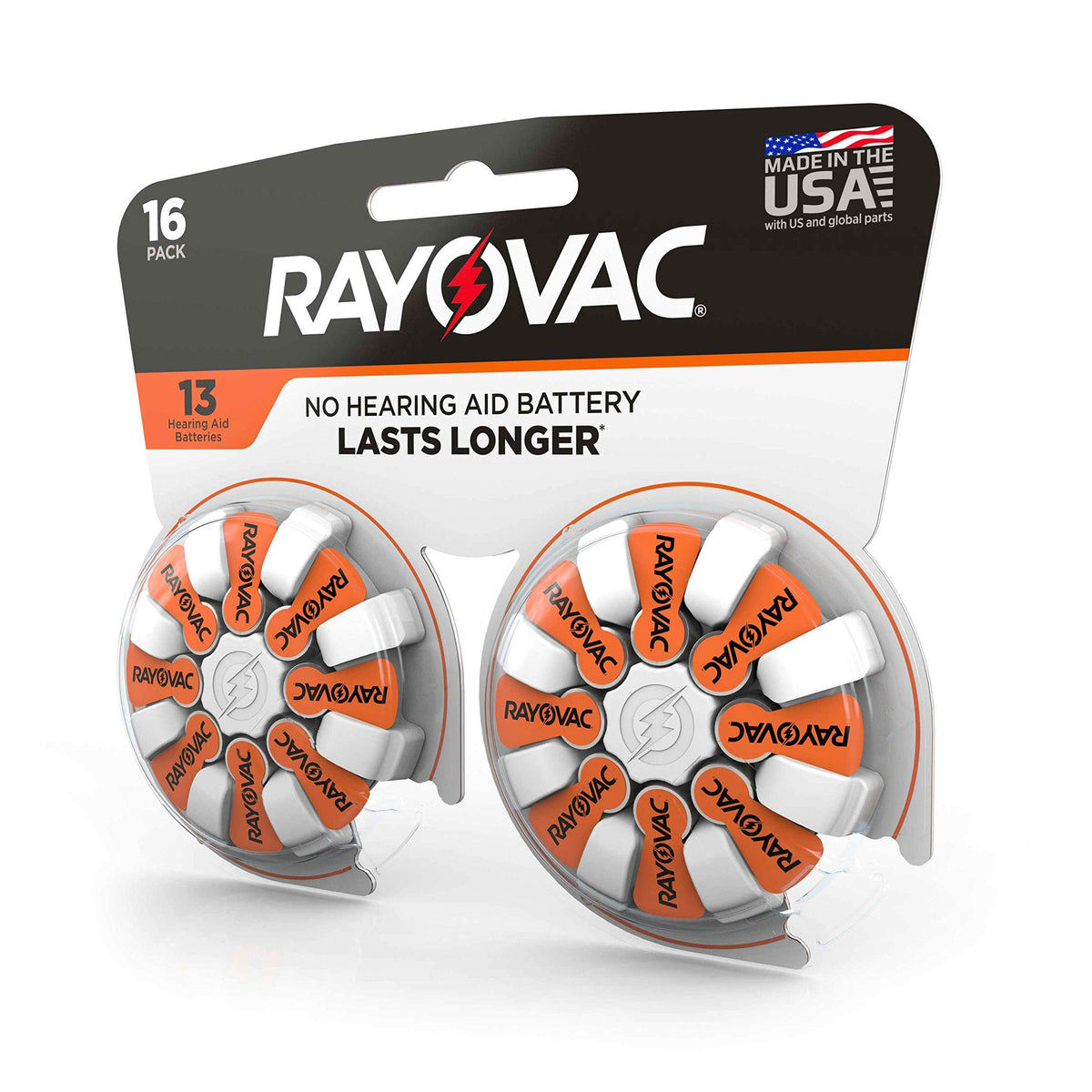 Size 13 Hearing Aid Batteries (16 Pack) by Rayovac – 16 Count, Plastic, Orange Tab, Model L13ZA-16ZM