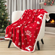 Pavilia Reindeer Throw Blanket, Sherpa Fleece, Red 50x60