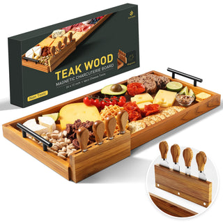 Socisen Teak Charcuterie Board, 24 x 12 Inch with 4 Cheese Knives, Natural