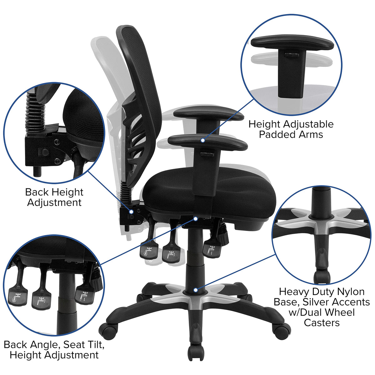 Nicholas Mid-Back Black Mesh Multifunction Executive Swivel Ergonomic Office Chair with Adjustable Arms by Flash Furniture – 4 Pack, Model 4-HL-0001-GG