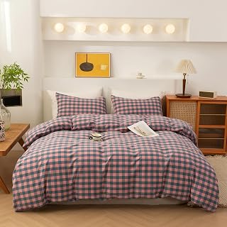 Duvet Cover Set, 100% Washed Cotton Linen-Like Soft & Breathable, Durable Comfy Bedding Set for All Seasons King Size, Purple Pink Plaid