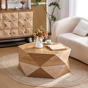 37" Retro Polygon Coffee Table, Round Coffee Table with Hidden Storage, Mesa De Centro para Sala with Wood Veneer for Office Living Room, Natural